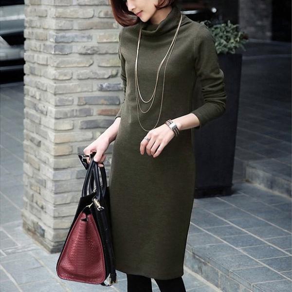 レディース　ワンピース　タートルネック　ミディ丈　タイト　スリム　長袖　スカート　カジュアル　キュート　可愛い　フェミニン　きれいめ　上品　エレガント　おしゃれ　お出かけ　お呼ばれ　レッド　オリーブ　ブラック　S　M　L　XL　XXL　大きいサイズ　送料無料