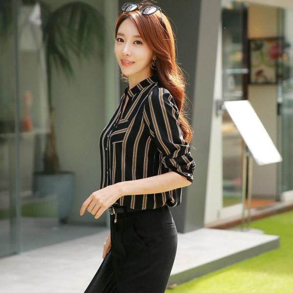 レディース　ブラウス　ストライプシャツ　トップス　カジュアル　キュート　可愛い　フェミニン　きれいめ　上品　エレガント　おしゃれ　お出かけ　オフィス　デート　デイリー　ブラウン　ブラック　S　M　L　XL　XXL　大きいサイズ　送料無料