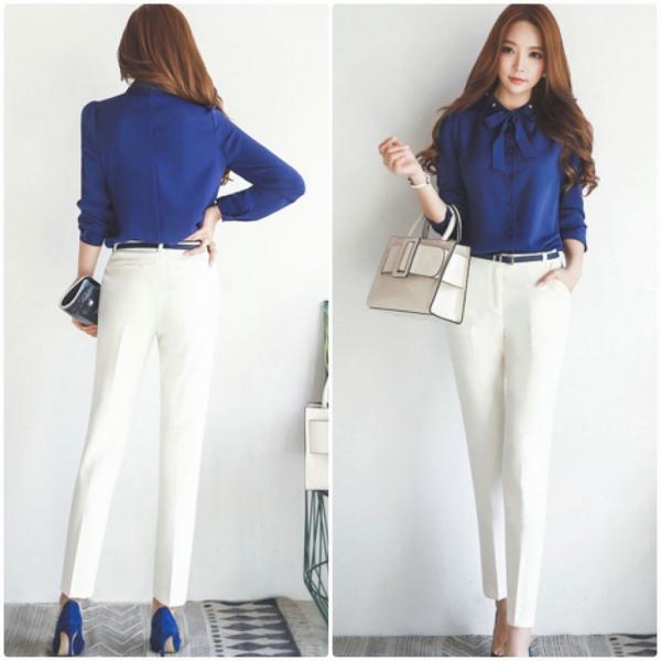 レディース　トップス　シフォン　シャツ　リボンタイ　無地　長袖　カジュアル　大人可愛い　フェミニン　オフィス　通勤　OL　社会人　お出かけ　デート　ブルー　S　M　L　XL　2XL　送料無料