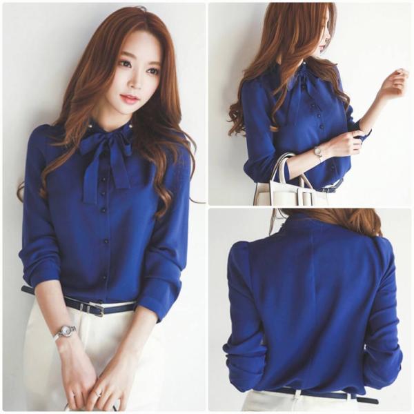 レディース　トップス　シフォン　シャツ　リボンタイ　無地　長袖　カジュアル　大人可愛い　フェミニン　オフィス　通勤　OL　社会人　お出かけ　デート　ブルー　S　M　L　XL　2XL　送料無料