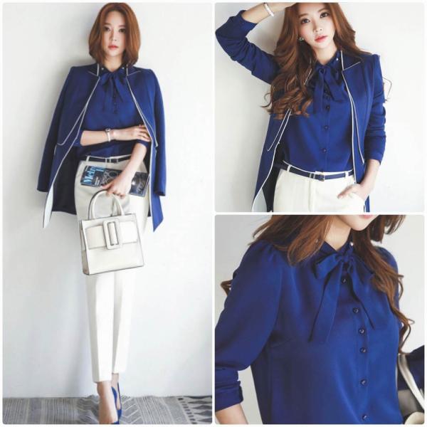 レディース　トップス　シフォン　シャツ　リボンタイ　無地　長袖　カジュアル　大人可愛い　フェミニン　オフィス　通勤　OL　社会人　お出かけ　デート　ブルー　S　M　L　XL　2XL　送料無料
