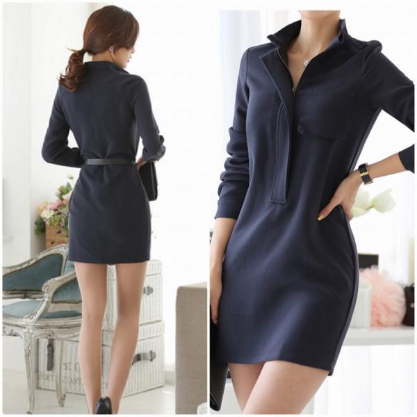 レディース　ワンピース　スリム　長袖　膝上丈　スタンドカラー　無地　ジップアップ　カジュアル　大人可愛い　フェミニン　オフィス　通勤　OL　社会人　お出かけ　デート　ネイビー　S　M　L　XL　2XL　送料無料
