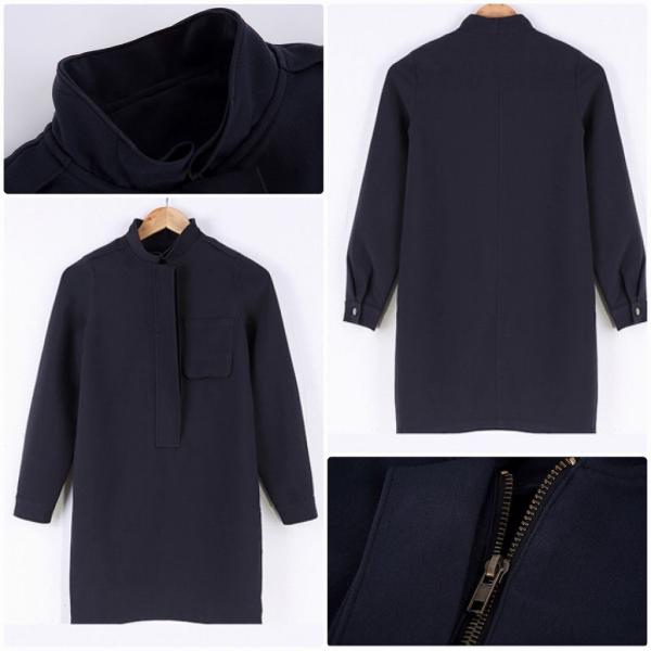 レディース　ワンピース　スリム　長袖　膝上丈　スタンドカラー　無地　ジップアップ　カジュアル　大人可愛い　フェミニン　オフィス　通勤　OL　社会人　お出かけ　デート　ネイビー　S　M　L　XL　2XL　送料無料