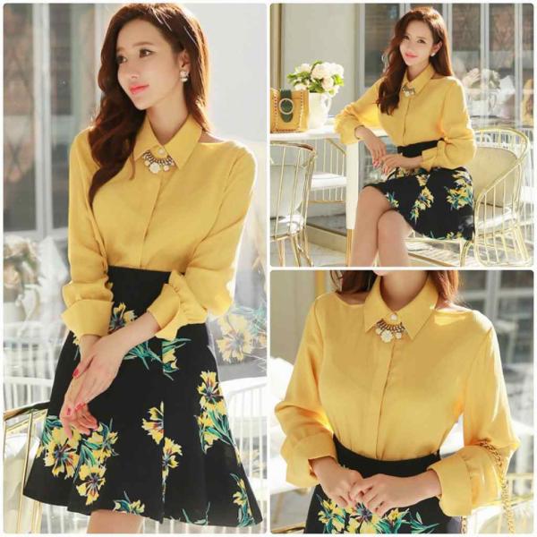 レディース　トップス　シフォン　シャツ　無地　長袖　カジュアル　大人可愛い　フェミニン　オフィス　通勤　OL　社会人　お出かけ　デート　イエロー　S　M　L　XL　2XL　送料無料
