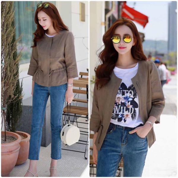 レディース　ライトアウター　ジャケット　シフォン　ラウンドネック　ジップアップ　ウエスト紐　無地　長袖　カジュアル　大人可愛い　フェミニン　オフィス　お出かけ　デート　ブラウン　S　M　L　XL　2XL　送料無料