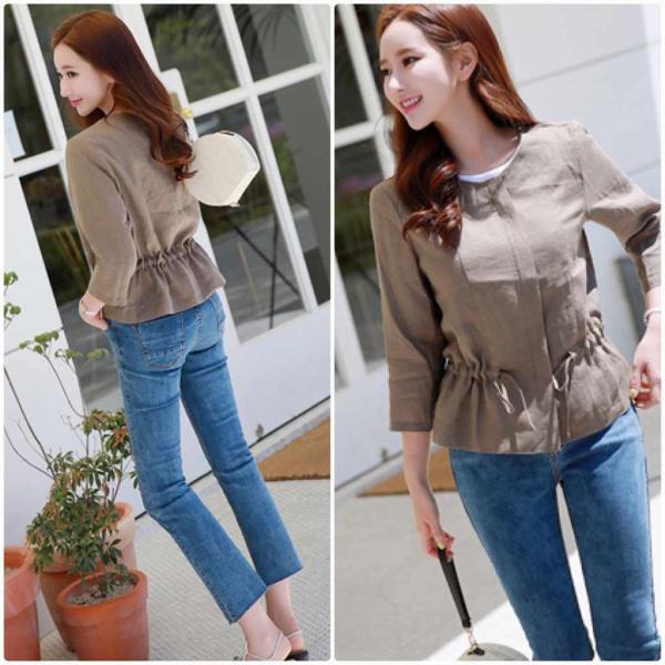 レディース　ライトアウター　ジャケット　シフォン　ラウンドネック　ジップアップ　ウエスト紐　無地　長袖　カジュアル　大人可愛い　フェミニン　オフィス　お出かけ　デート　ブラウン　S　M　L　XL　2XL　送料無料