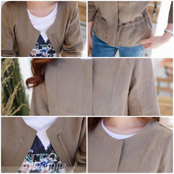 レディース　ライトアウター　ジャケット　シフォン　ラウンドネック　ジップアップ　ウエスト紐　無地　長袖　カジュアル　大人可愛い　フェミニン　オフィス　お出かけ　デート　ブラウン　S　M　L　XL　2XL　送料無料