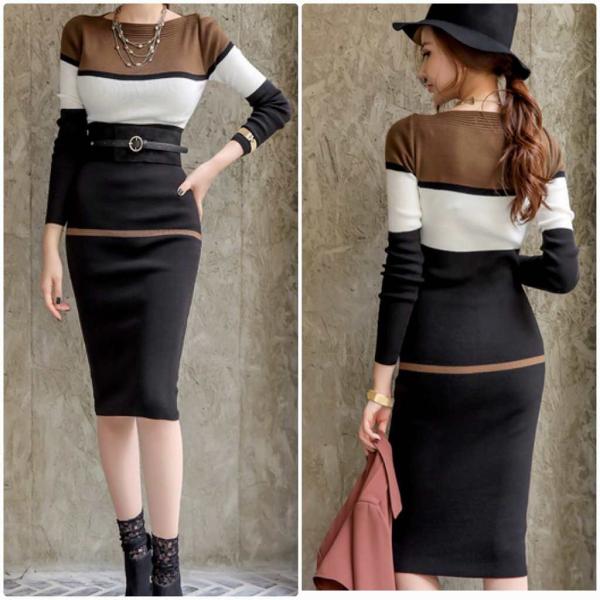 レディース　ワンピース　スリム　ニット　ボーダー　長袖　膝丈　ラウンドネック　秋冬　カジュアル　大人可愛い　シック　フェミニン　オフィス　お出かけ　デート　ブラック　フリー　送料無料