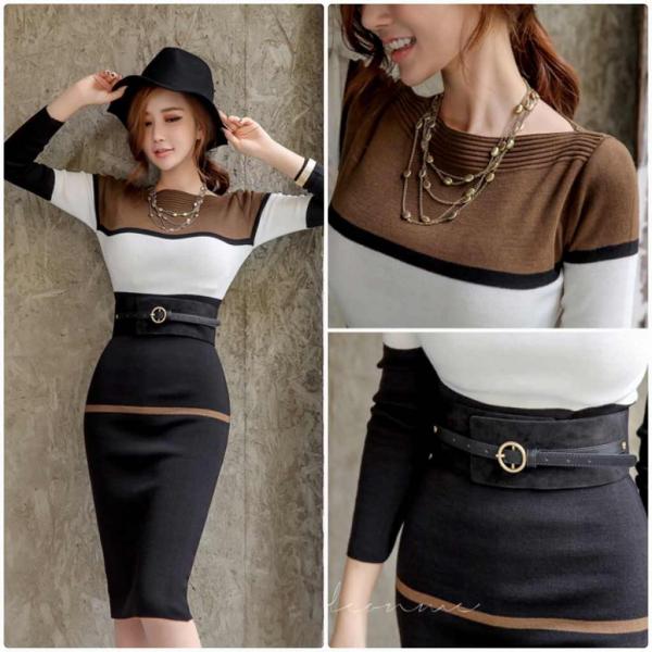 レディース　ワンピース　スリム　ニット　ボーダー　長袖　膝丈　ラウンドネック　秋冬　カジュアル　大人可愛い　シック　フェミニン　オフィス　お出かけ　デート　ブラック　フリー　送料無料