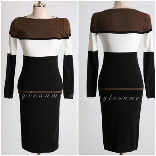 レディース　ワンピース　スリム　ニット　ボーダー　長袖　膝丈　ラウンドネック　秋冬　カジュアル　大人可愛い　シック　フェミニン　オフィス　お出かけ　デート　ブラック　フリー　送料無料