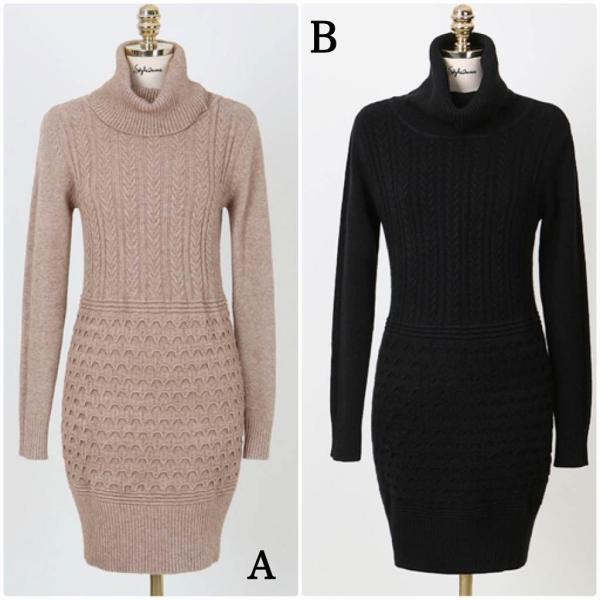レディース　ワンピース　スリム　ニット　無地　長袖　膝上丈　タートルネック　秋冬　カジュアル　大人可愛い　エレガント　フェミニン　オフィス　お出かけ　デート　ベージュ　ブラック　フリー　送料無料