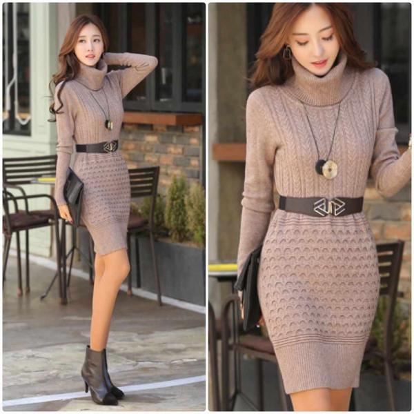 レディース　ワンピース　スリム　ニット　無地　長袖　膝上丈　タートルネック　秋冬　カジュアル　大人可愛い　エレガント　フェミニン　オフィス　お出かけ　デート　ベージュ　ブラック　フリー　送料無料