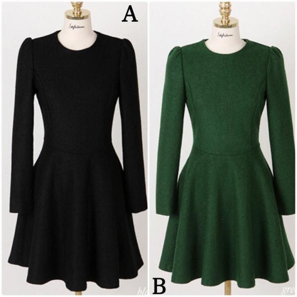 レディース　ワンピース　スリム　ニット　無地　長袖　膝上丈　ラウンドネック　フレア　秋冬　カジュアル　大人可愛い　エレガント　フェミニン　オフィス　お出かけ　デート　ブラック　グリーン　S　M　L　XL　2XL　送料無料