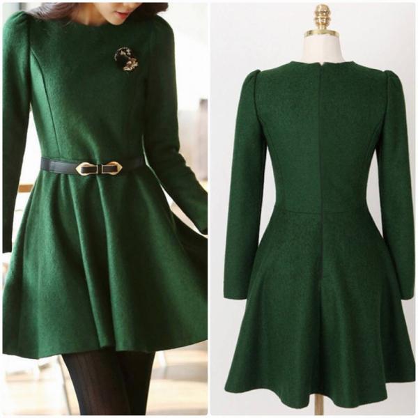 レディース　ワンピース　スリム　ニット　無地　長袖　膝上丈　ラウンドネック　フレア　秋冬　カジュアル　大人可愛い　エレガント　フェミニン　オフィス　お出かけ　デート　ブラック　グリーン　S　M　L　XL　2XL　送料無料