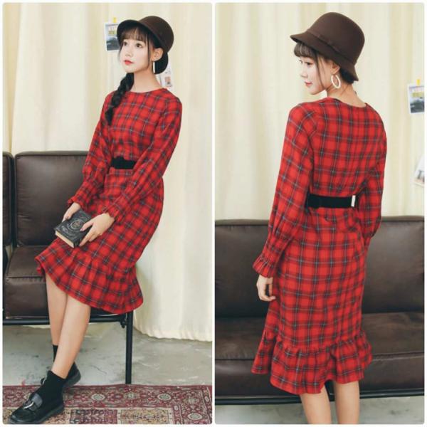 レディース　ロング　ワンピース　チェック　裾フレア　長袖　ラウンドネック　秋冬　シック　カジュアル　大人可愛い　エレガント　フェミニン　オフィス　お出かけ　デート　グリーン　レッド　S　M　L　XL　送料無料