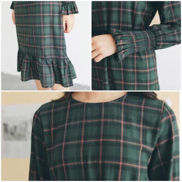 レディース　ロング　ワンピース　チェック　裾フレア　長袖　ラウンドネック　秋冬　シック　カジュアル　大人可愛い　エレガント　フェミニン　オフィス　お出かけ　デート　グリーン　レッド　S　M　L　XL　送料無料