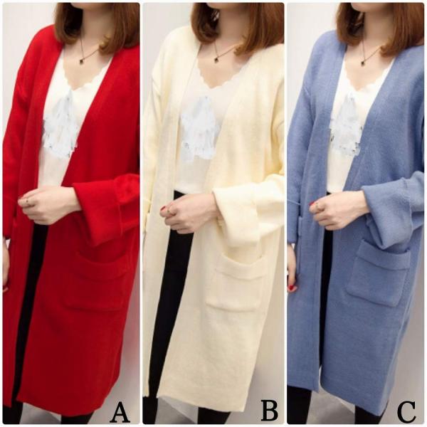 レディース　アウター　コーディガン　ニット　長袖　ポケット付き　無地　カジュアル　大人可愛い　フェミニン　オフィス　お出かけ　デート　レッド　ホワイト　ブルー　フリー　送料無料