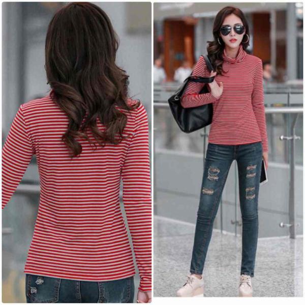 レディース　トップス　タートルネック　カットソー　長袖　スリム　ボーダー　カジュアル　大人可愛い　フェミニン　オフィス　お出かけ　デート　デイリー　レッド　S　M　L　XL　2XL　3XL　送料無料
