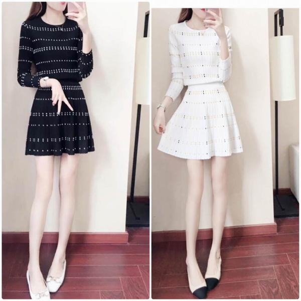 レディース　ツーピース　トップス＆スカート　ボーダー　長袖　膝上丈　ラウンドネック　フレア　カジュアル　大人可愛い　フェミニン　オフィス　お出かけ　デート　ホワイト　ネイビー　ブラック　S　M　L　XL　送料無料