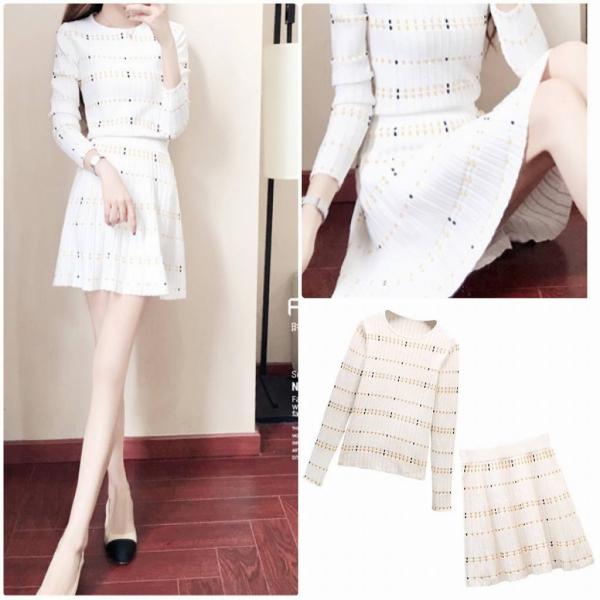 レディース　ツーピース　トップス＆スカート　ボーダー　長袖　膝上丈　ラウンドネック　フレア　カジュアル　大人可愛い　フェミニン　オフィス　お出かけ　デート　ホワイト　ネイビー　ブラック　S　M　L　XL　送料無料