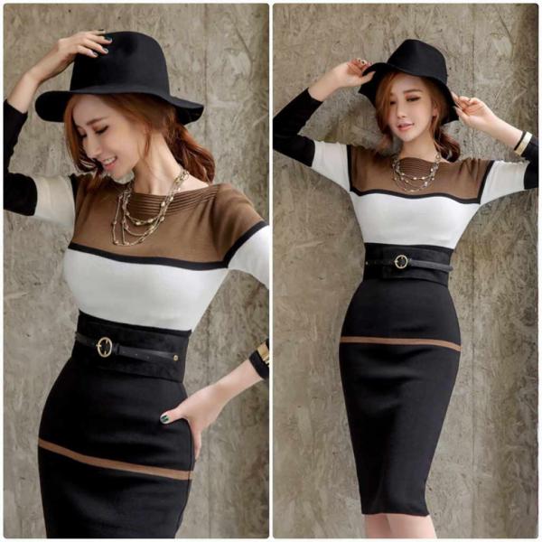 レディース　ワンピース　ラウンドネック　ニットワンピ　ミディ丈　タイト　スリム　長袖　スカート　カジュアル　キュート　可愛い　フェミニン　きれいめ　上品　エレガント　おしゃれ　お出かけ　お呼ばれ　ブラウン　フリーサイズ　ワンサイズ　送料無料