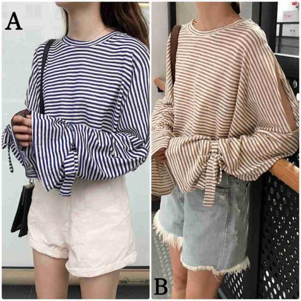 レディース　Tシャツ　ボーダー　キャンディスリーブ　ボリュームスリーブ　長袖　ロングTシャツ　ロンT　トップス　カジュアル　キュート　大人　可愛い　フェミニン　おしゃれ　お出かけ　普段着　デイリー　ブラウン　ネイビー　フリーサイズ　ワンサイズ　送料無料