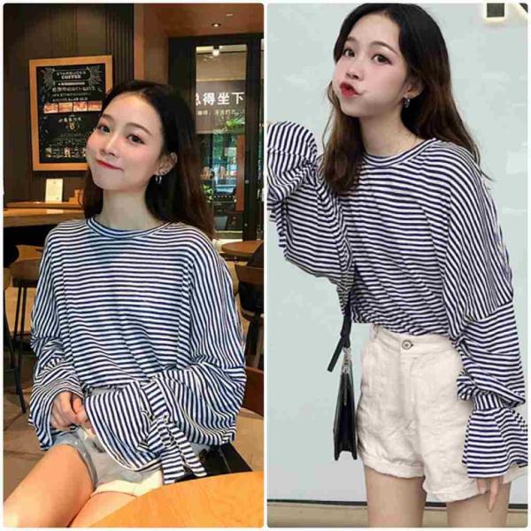 レディース　Tシャツ　ボーダー　キャンディスリーブ　ボリュームスリーブ　長袖　ロングTシャツ　ロンT　トップス　カジュアル　キュート　大人　可愛い　フェミニン　おしゃれ　お出かけ　普段着　デイリー　ブラウン　ネイビー　フリーサイズ　ワンサイズ　送料無料