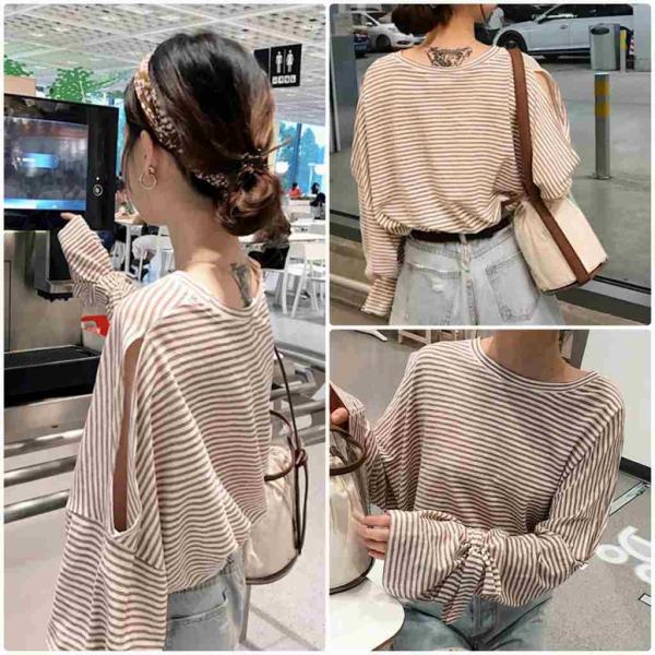 レディース　Tシャツ　ボーダー　キャンディスリーブ　ボリュームスリーブ　長袖　ロングTシャツ　ロンT　トップス　カジュアル　キュート　大人　可愛い　フェミニン　おしゃれ　お出かけ　普段着　デイリー　ブラウン　ネイビー　フリーサイズ　ワンサイズ　送料無料