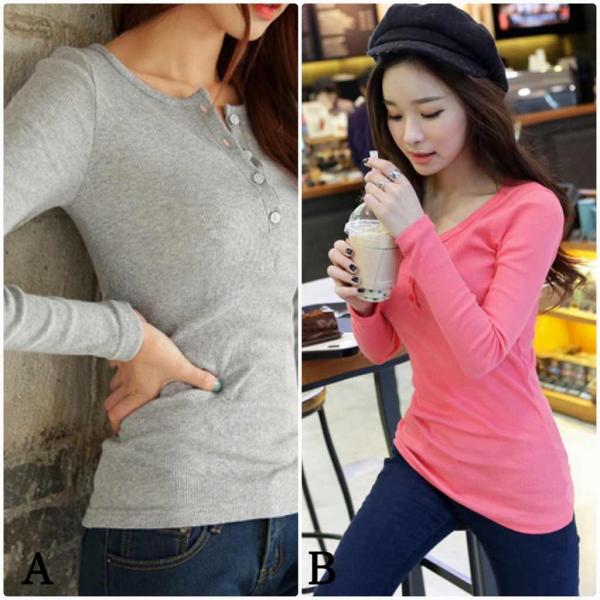 レディース　ヘンリーネック　Tシャツ　長袖　タイト　スリム　ロングTシャツ　ロンT　トップス　カジュアル　キュート　大人　可愛い　フェミニン　おしゃれ　お出かけ　普段着　デイリー　グレー　ピンク　S　M　L　XL　2XL　大きいサイズ　送料無料