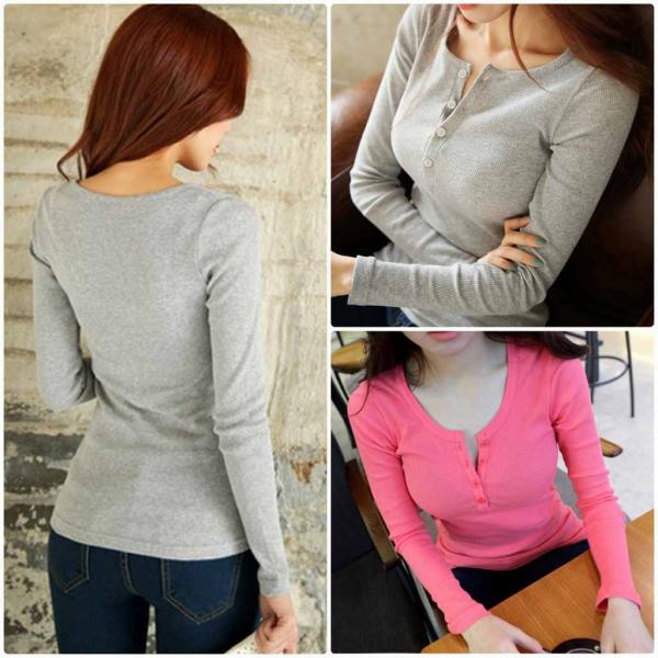 レディース　ヘンリーネック　Tシャツ　長袖　タイト　スリム　ロングTシャツ　ロンT　トップス　カジュアル　キュート　大人　可愛い　フェミニン　おしゃれ　お出かけ　普段着　デイリー　グレー　ピンク　S　M　L　XL　2XL　大きいサイズ　送料無料