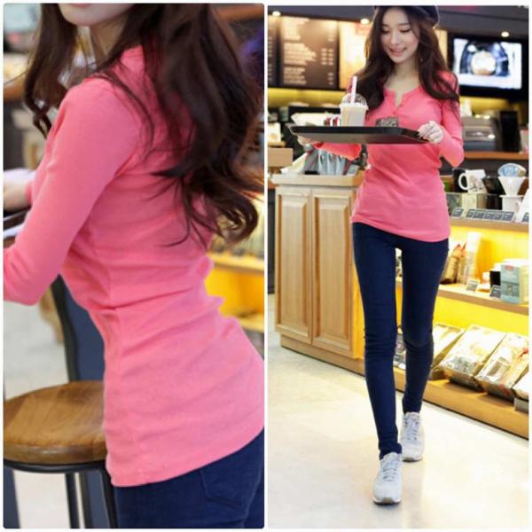 レディース　ヘンリーネック　Tシャツ　長袖　タイト　スリム　ロングTシャツ　ロンT　トップス　カジュアル　キュート　大人　可愛い　フェミニン　おしゃれ　お出かけ　普段着　デイリー　グレー　ピンク　S　M　L　XL　2XL　大きいサイズ　送料無料