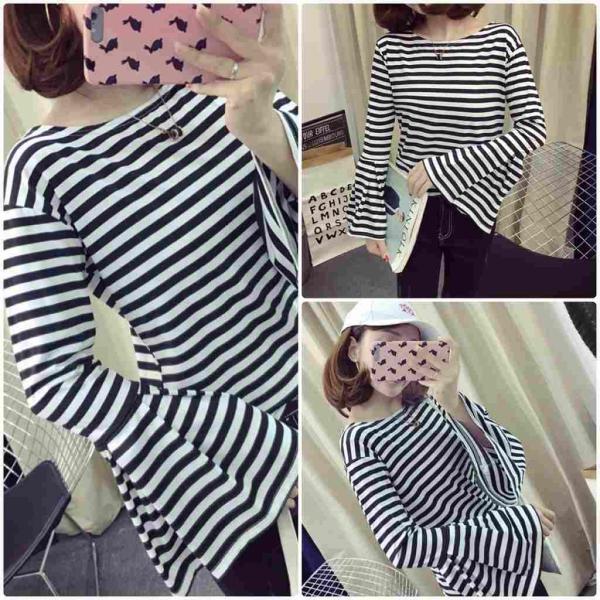 レディース　Tシャツ　長袖　フレアスリーブ　ボリュームスリーブ　ロングTシャツ　ロンT　トップス　カジュアル　キュート　大人　可愛い　フェミニン　おしゃれ　お出かけ　普段着　デイリー　ブラック×ホワイト　M　L　XL　2XL　大きいサイズ　送料無料