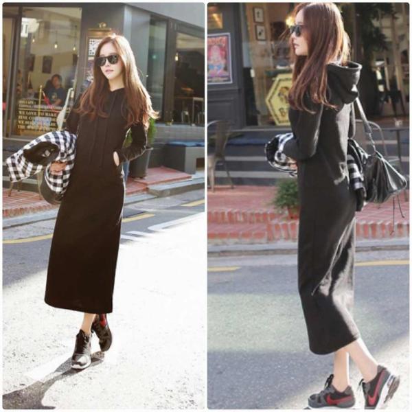 レディース　ワンピース　フード付き　スウェットワンピ　ロング丈　パーカー　長袖　スカート　カジュアル　キュート　可愛い　フェミニン　きれいめ　上品　エレガント　おしゃれ　お出かけ　お呼ばれ　ブラック　S　M　L　XL　2XL　3XL　大きいサイズ　送料無料