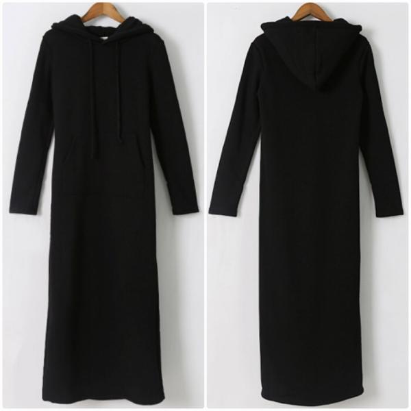 レディース　ワンピース　フード付き　スウェットワンピ　ロング丈　パーカー　長袖　スカート　カジュアル　キュート　可愛い　フェミニン　きれいめ　上品　エレガント　おしゃれ　お出かけ　お呼ばれ　ブラック　S　M　L　XL　2XL　3XL　大きいサイズ　送料無料