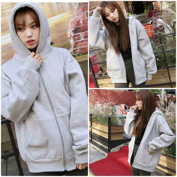 レディース　パーカー　フード付き　スウェット　無地　オーバーサイズ　ゆったり　ジップ　長袖　トレーナー　トップス　カジュアル　キュート　大人　可愛い　フェミニン　おしゃれ　デイリー　普段着　グレー　ブラック　M　L　XL　2XL　大きいサイズ　送料無料