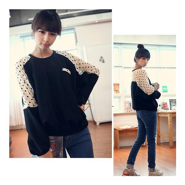 レディース　スウェット　オーバーサイズ　ゆったり　ドット　ドルマンスリーブ　長袖　トレーナー　プルオーバー　トップス　カジュアル　キュート　大人　可愛い　フェミニン　おしゃれ　デイリー　普段着　ブラック　M　L　XL　XXL　大きいサイズ　送料無料