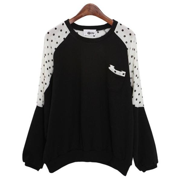 レディース　スウェット　オーバーサイズ　ゆったり　ドット　ドルマンスリーブ　長袖　トレーナー　プルオーバー　トップス　カジュアル　キュート　大人　可愛い　フェミニン　おしゃれ　デイリー　普段着　ブラック　M　L　XL　XXL　大きいサイズ　送料無料