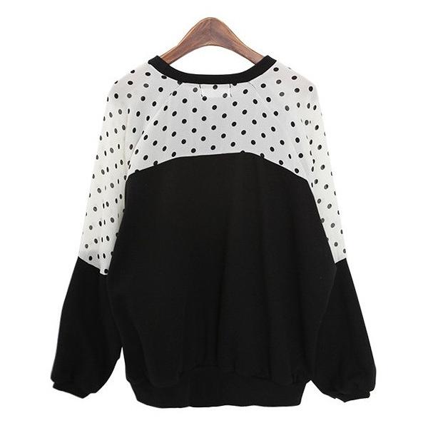 レディース　スウェット　オーバーサイズ　ゆったり　ドット　ドルマンスリーブ　長袖　トレーナー　プルオーバー　トップス　カジュアル　キュート　大人　可愛い　フェミニン　おしゃれ　デイリー　普段着　ブラック　M　L　XL　XXL　大きいサイズ　送料無料
