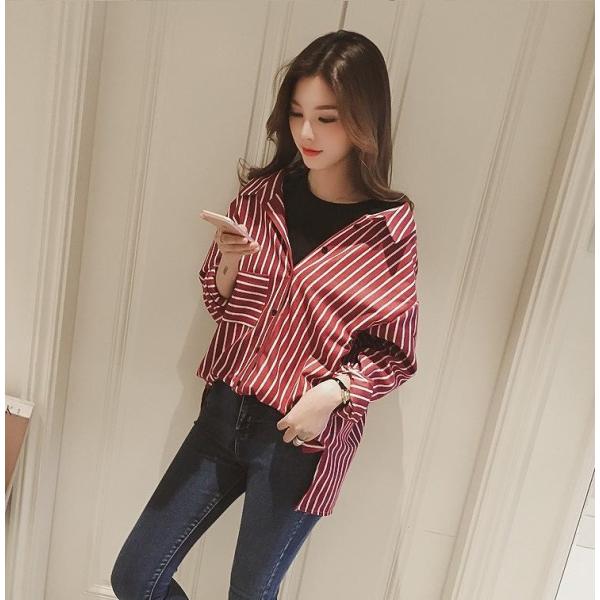 レディース　ブラウス　長袖　シャツ　ストライプ　オーバーサイズ　トップス　秋　冬　カジュアル　キュート　可愛い　フェミニン　きれいめ　上品　エレガント　おしゃれ　お出かけ　オフィス　デート　デイリー　レッド　フリーサイズ　ワンサイズ　送料無料