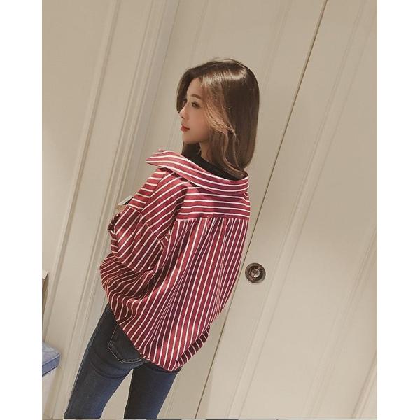 レディース　ブラウス　長袖　シャツ　ストライプ　オーバーサイズ　トップス　秋　冬　カジュアル　キュート　可愛い　フェミニン　きれいめ　上品　エレガント　おしゃれ　お出かけ　オフィス　デート　デイリー　レッド　フリーサイズ　ワンサイズ　送料無料