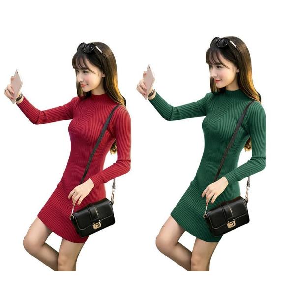 レディース　ワンピース　ニットワンピ　ミニ丈　ハイネック　タイト　スリム　長袖　スカート　カジュアル　キュート　可愛い　フェミニン　きれいめ　上品　エレガント　おしゃれ　お出かけ　お呼ばれ　カーキ　ブラック　レッド　グリーン　ベージュ　グレー　送料無料