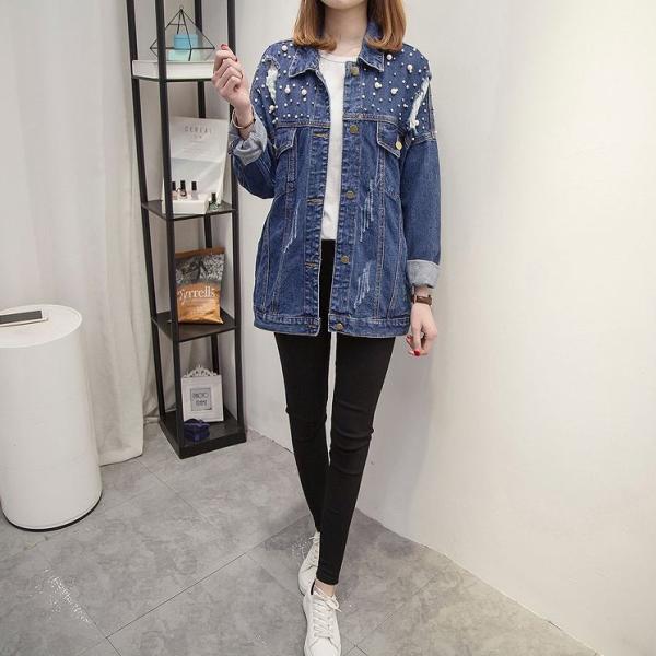 レディース　デニムジャケット　ロング丈　ビーズ　長袖　ダメージ加工　クラッシュ加工　トップス　カジュアル　キュート　大人　可愛い　フェミニン　おしゃれ　お出かけ　普段着　オフィス　デイリー　ブルー　XL　2XL　3XL　4XL　大きいサイズ　送料無料