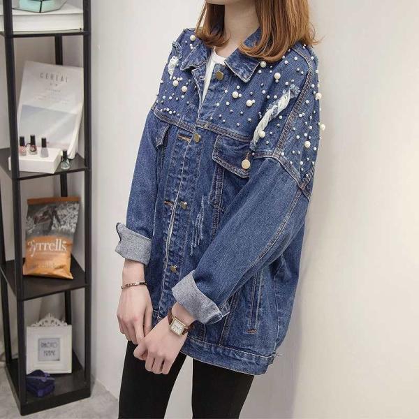 レディース　デニムジャケット　ロング丈　ビーズ　長袖　ダメージ加工　クラッシュ加工　トップス　カジュアル　キュート　大人　可愛い　フェミニン　おしゃれ　お出かけ　普段着　オフィス　デイリー　ブルー　XL　2XL　3XL　4XL　大きいサイズ　送料無料