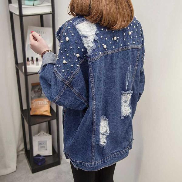 レディース　デニムジャケット　ロング丈　ビーズ　長袖　ダメージ加工　クラッシュ加工　トップス　カジュアル　キュート　大人　可愛い　フェミニン　おしゃれ　お出かけ　普段着　オフィス　デイリー　ブルー　XL　2XL　3XL　4XL　大きいサイズ　送料無料