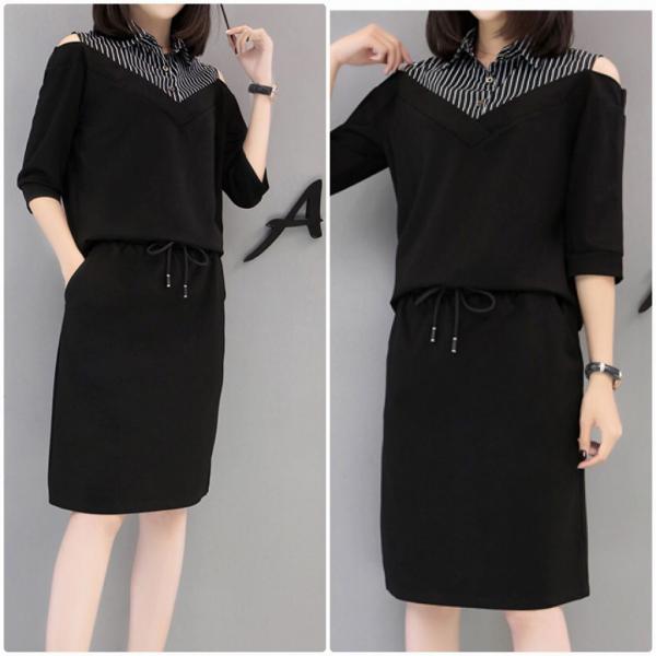 レディース　ワンピース　肩出し　肩見せ　ミディ丈　ひざ丈　ストライプ　スカート　カジュアル　キュート　可愛い　フェミニン　きれいめ　上品　エレガント　おしゃれ　お出かけ　お呼ばれ　ブラック　XL　2XL　3XL　4XL　5XL　大きいサイズ　送料無料