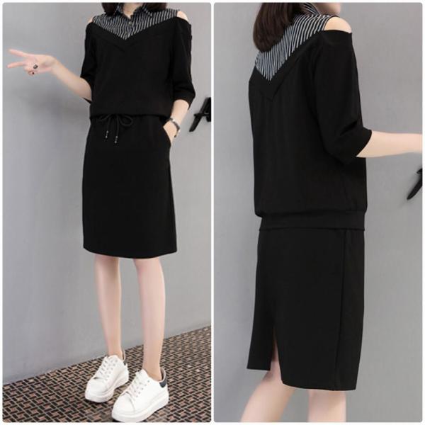 レディース　ワンピース　肩出し　肩見せ　ミディ丈　ひざ丈　ストライプ　スカート　カジュアル　キュート　可愛い　フェミニン　きれいめ　上品　エレガント　おしゃれ　お出かけ　お呼ばれ　ブラック　XL　2XL　3XL　4XL　5XL　大きいサイズ　送料無料