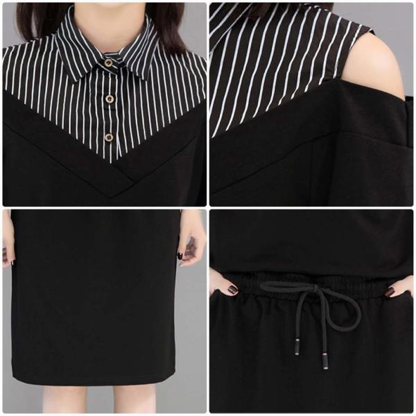 レディース　ワンピース　肩出し　肩見せ　ミディ丈　ひざ丈　ストライプ　スカート　カジュアル　キュート　可愛い　フェミニン　きれいめ　上品　エレガント　おしゃれ　お出かけ　お呼ばれ　ブラック　XL　2XL　3XL　4XL　5XL　大きいサイズ　送料無料