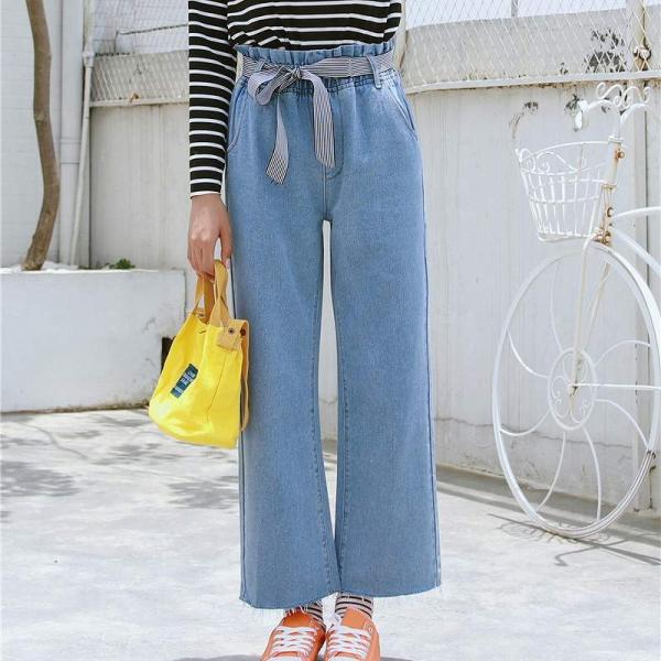 レディース　ワイドレッグパンツ　ハイウエスト　アンクルパンツ　クロップドパンツ　半端丈　ボトムス　カジュアル　キュート　可愛い　フェミニン　きれいめ　エレガント　おしゃれ　お出かけ　オフィス　デイリー　普段着　ブルー　S　M　L　XL　サイズ　送料無料