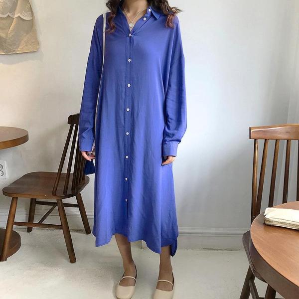 レディース　ワンピース　シャツワンピ　ミモレ丈　長袖　ゆったり　秋　冬　カジュアル　キュート　可愛い　フェミニン　きれいめ　上品　エレガント　おしゃれ　お出かけ　お呼ばれ　ブラック　ブルー　フリーサイズ　ワンサイズ　送料無料