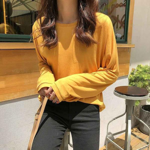レディース　Tシャツ　長袖　ラウンドネック　ロングTシャツ　ロンT　トップス　カジュアル　キュート　大人　可愛い　フェミニン　おしゃれ　お出かけ　普段着　デイリー　オレンジ　ホワイト　ピンク　グリーン　イエロー　ブルー　ブラック　フリーサイズ　送料無料